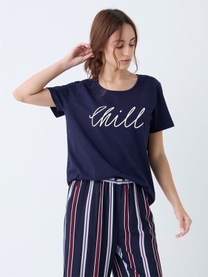 Wunderlove Navy Typographic Cotton T-Shirt
