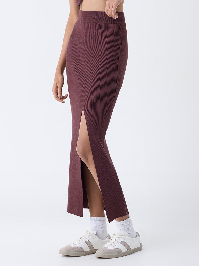 Nuon Dark Brown Ribbed High-Rise Skirt - Image 2