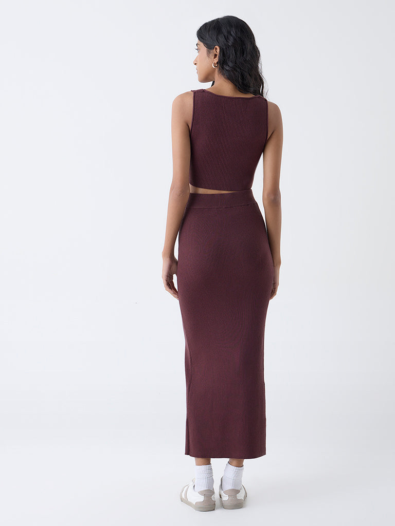 Nuon Dark Brown Ribbed High-Rise Skirt - Image 4