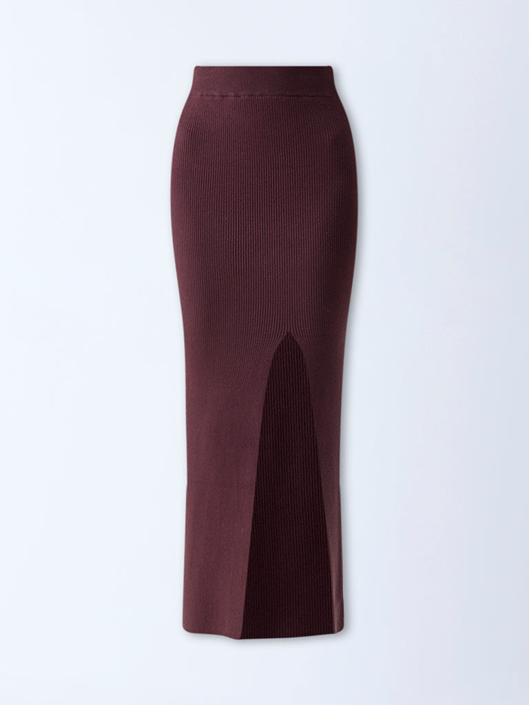 Nuon Dark Brown Ribbed High-Rise Skirt - Image 5