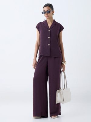Wardrobe Wine Crinkle-Textured High-Rise Trousers