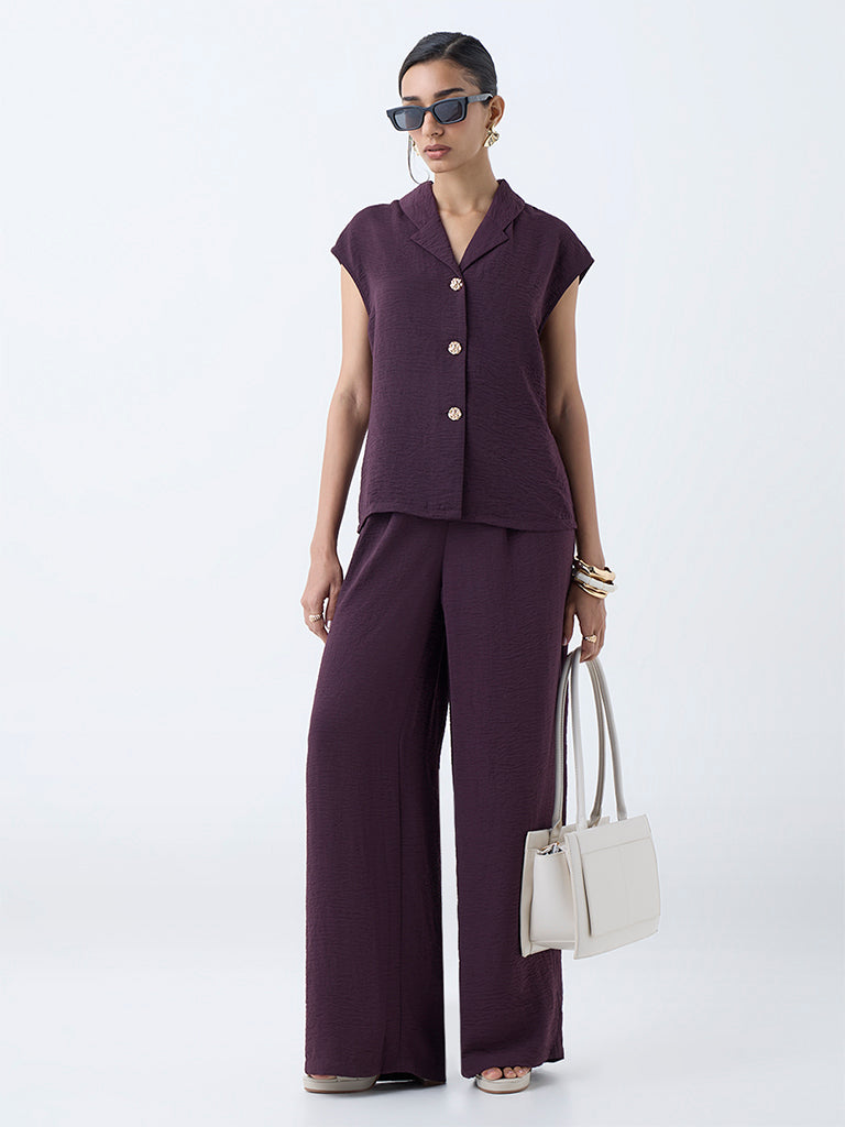 Wardrobe Wine Crinkle-Textured High-Rise Trousers