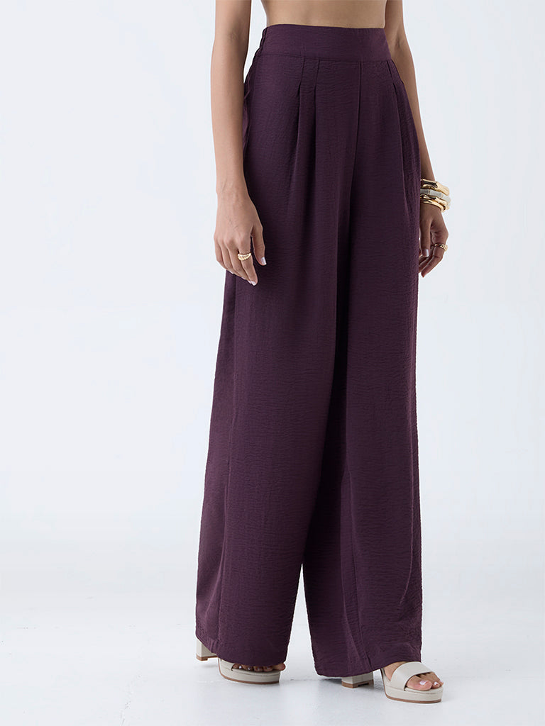Wardrobe Wine Crinkle-Textured High-Rise Trousers - Image 2