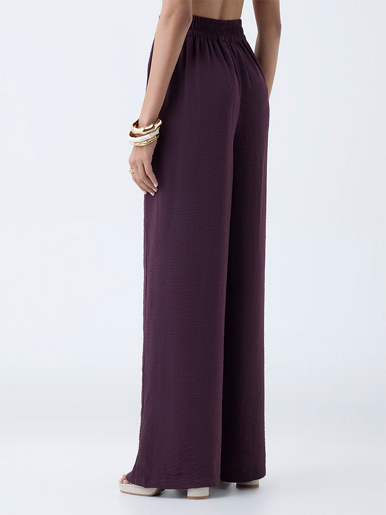 Wardrobe Wine Crinkle-Textured High-Rise Trousers - Image 4