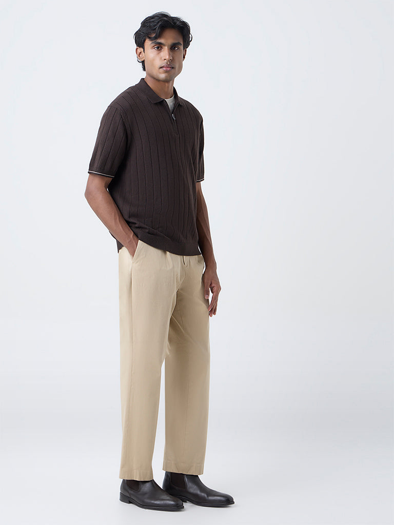 Ascot Beige Mid-Rise Relaxed-Fit Cotton-Blend Trousers