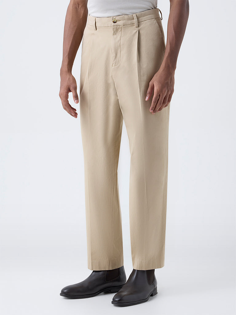 Ascot Beige Mid-Rise Relaxed-Fit Cotton-Blend Trousers - Image 3