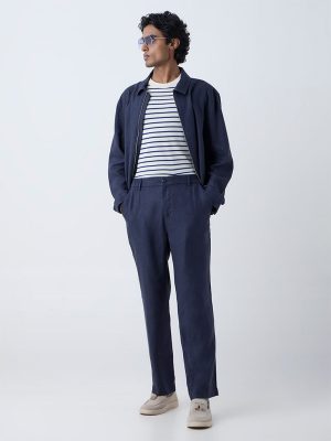 Ascot Indigo Solid Relaxed-Fit Mid-Rise Linen Trousers