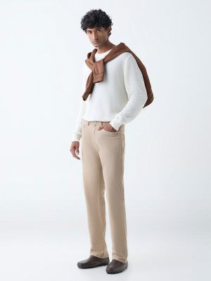 Ascot Beige Solid Relaxed-Fit Mid-Rise Jeans
