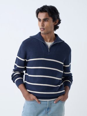 WES Casuals Blue Relaxed-Fit Cotton Quarter-Zip Sweater