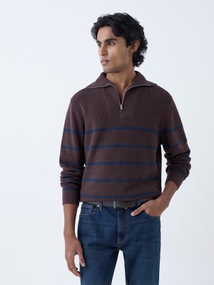 WES Casuals Dark Brown Relaxed-Fit Cotton Quarter-Zip Sweater