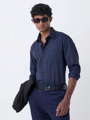 WES Formals Navy Striped Relaxed-Fit Cotton Shirt