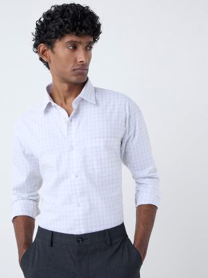 WES Formals Grey Checkered Relaxed-Fit Cotton Shirt