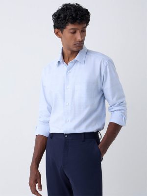 WES Formals Blue Checkered Relaxed-Fit Cotton Shirt