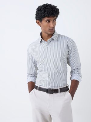 WES Formals Green Striped Relaxed Fit Cotton Shirt