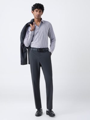 WES Formals Dark Grey Striped Relaxed-Fit Cotton Shirt