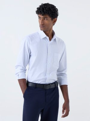 WES Formals White Striped Relaxed Fit Cotton Shirt