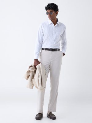 WES Formals Taupe Striped Slim Fit Cotton Shirt