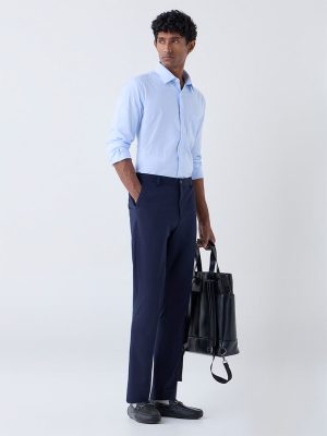 WES Formals Blue Striped Slim-Fit Cotton Shirt