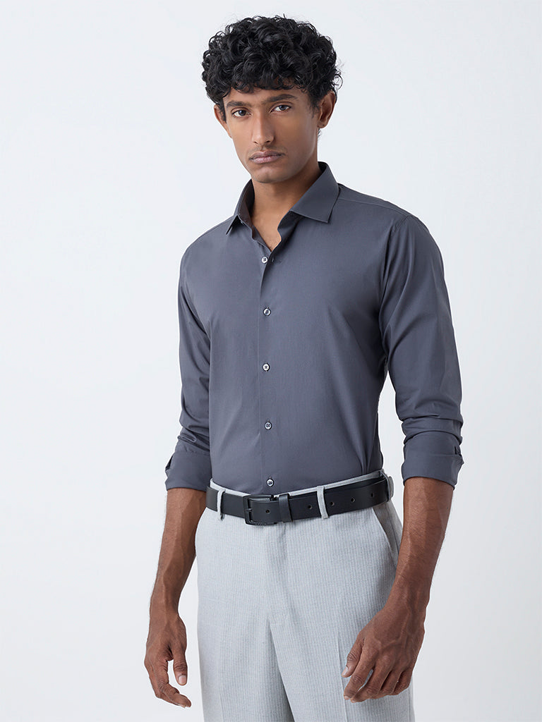 WES Formals Dark Grey Ultra Slim-Fit Cotton-Blend Shirt - Image 3