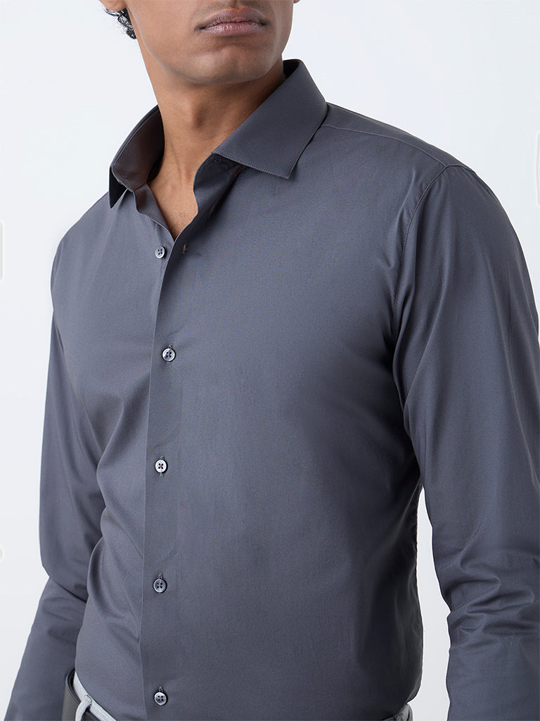 WES Formals Dark Grey Ultra Slim-Fit Cotton-Blend Shirt - Image 4