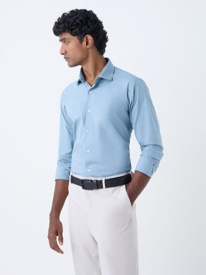 WES Formals Dusty Blue Ultra-Slim Fit Cotton-Blend Shirt