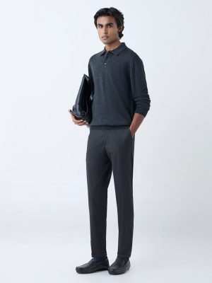WES Formals Charcoal Checkered Slim-Fit Mid-Rise Trousers