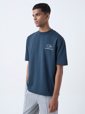 Studiofit Dark Teal Typographic Relaxed-Fit Cotton T-Shirt