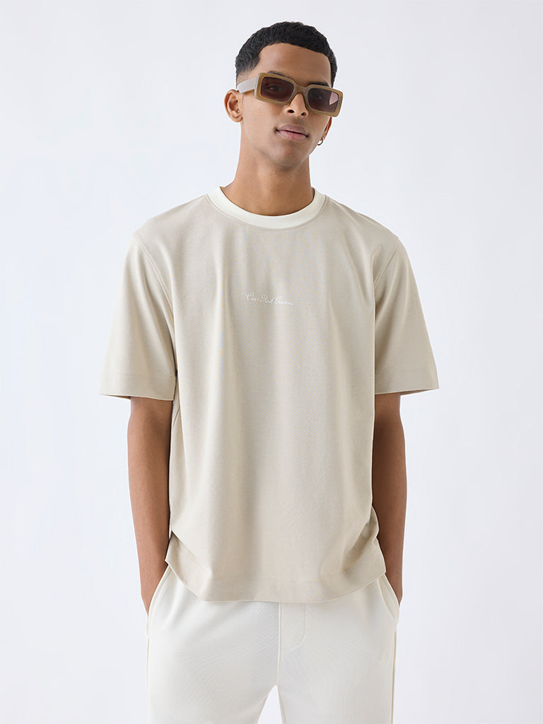 Studiofit Beige Relaxed-Fit Cotton-Blend T-Shirt