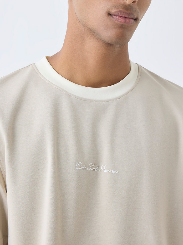 Studiofit Beige Relaxed-Fit Cotton-Blend T-Shirt - Image 3