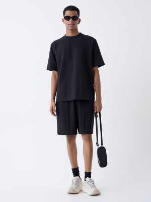 Studiofit Black Self-Textured Relaxed-Fit Cotton-Blend T-Shirt