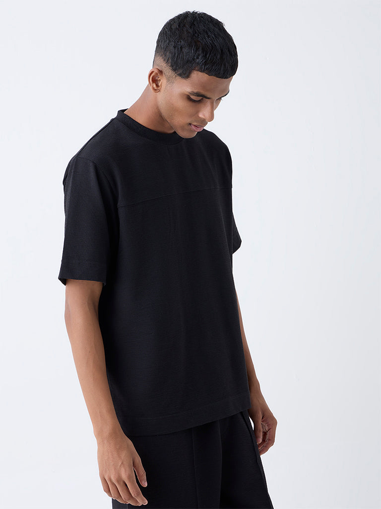 Studiofit Black Self-Textured Relaxed-Fit Cotton-Blend T-Shirt - Image 3