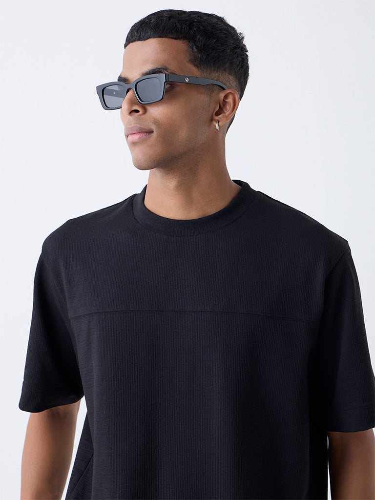 Studiofit Black Self-Textured Relaxed-Fit Cotton-Blend T-Shirt - Image 4