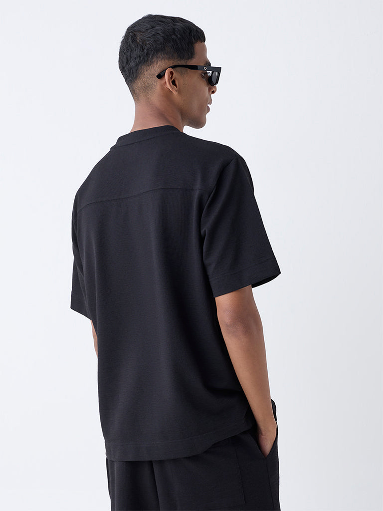 Studiofit Black Self-Textured Relaxed-Fit Cotton-Blend T-Shirt - Image 5