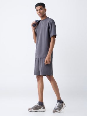 Studiofit Dark Grey Self-Textured Relaxed-Fit Cotton-Blend T-Shirt