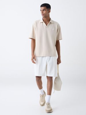 Studiofit Beige Relaxed-Fit Cotton-Blend Polo T-Shirt