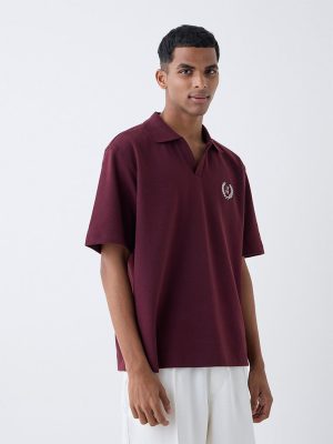 Studiofit Maroon Embroidered Relaxed-Fit Polo T-Shirt