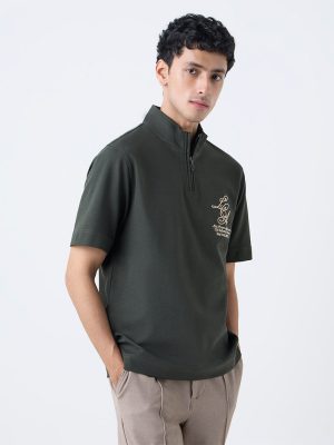 Studiofit Olive Relaxed-Fit Quarter-Zip T-Shirt