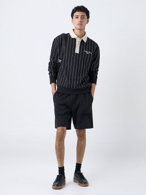 Studiofit Black Striped Relaxed-Fit Polo Sweatshirt