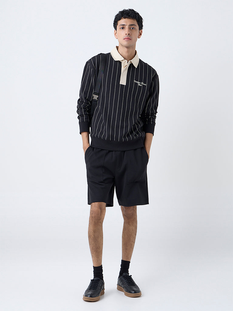 Studiofit Black Striped Relaxed-Fit Polo Sweatshirt
