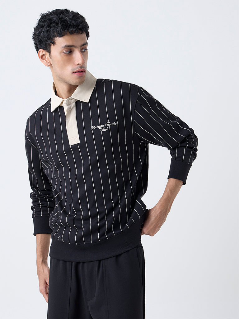 Studiofit Black Striped Relaxed-Fit Polo Sweatshirt - Image 2