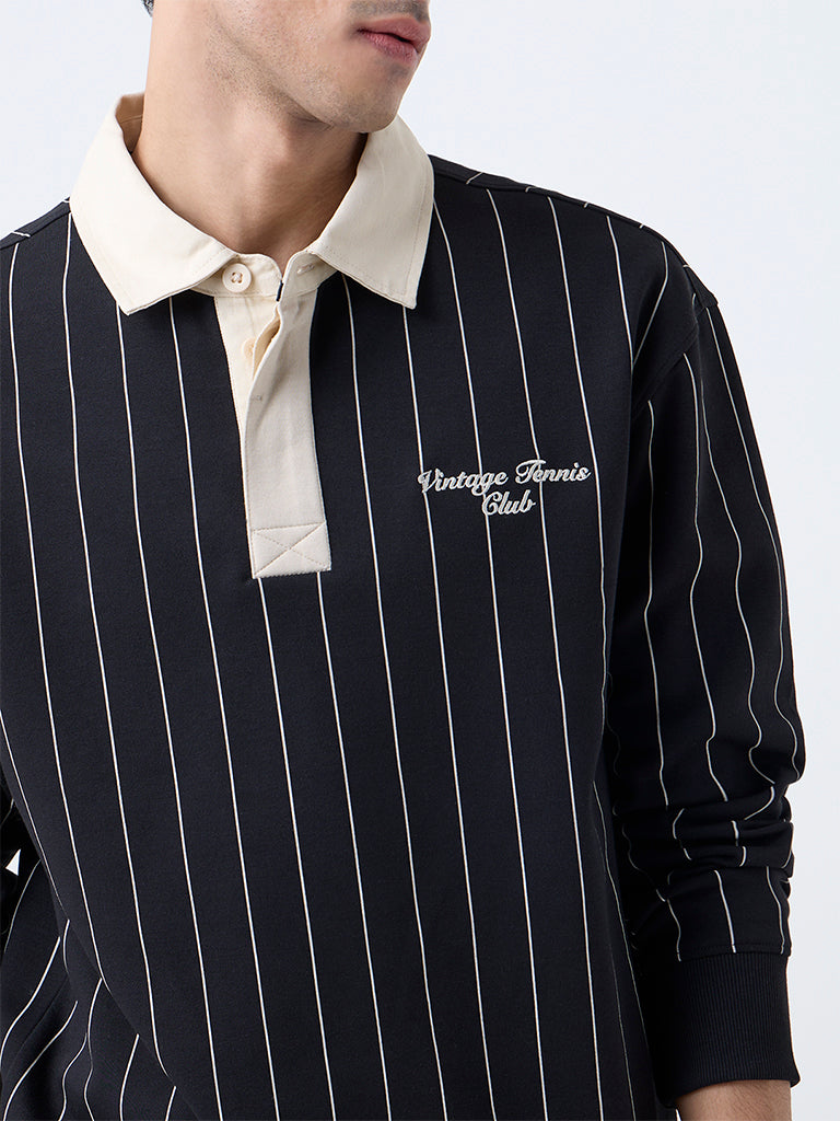 Studiofit Black Striped Relaxed-Fit Polo Sweatshirt - Image 3