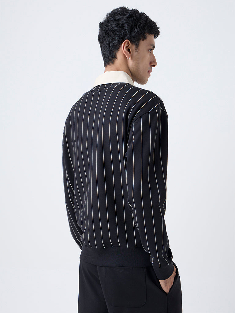 Studiofit Black Striped Relaxed-Fit Polo Sweatshirt - Image 4