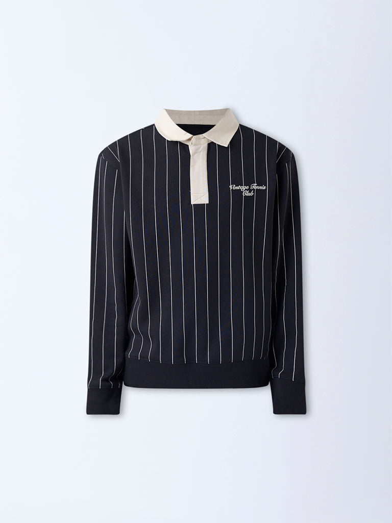 Studiofit Black Striped Relaxed-Fit Polo Sweatshirt - Image 5