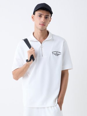 Studiofit White Relaxed-Fit Cotton-Blend Quarter-Zip T-Shirt