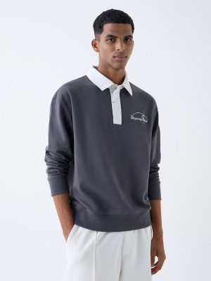 Studiofit Grey Text Detailed Relaxed-Fit Polo T-Shirt