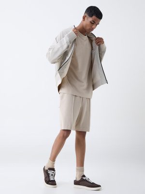 Studiofit Beige Self-Textured Relaxed-Fit Mid-Rise Cotton-Blend Shorts