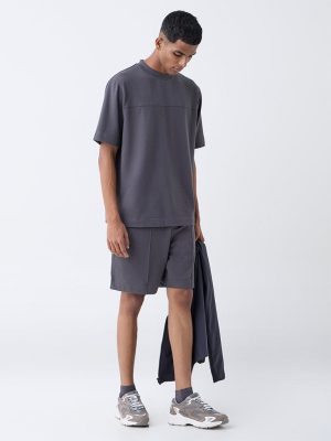 Studiofit Dark Grey Textured Relaxed-Fit Mid-Rise Cotton-Blend Shorts