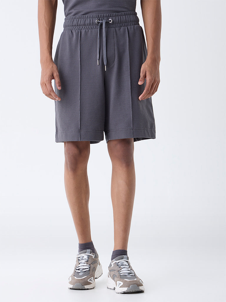 Studiofit Dark Grey Textured Relaxed-Fit Mid-Rise Cotton-Blend Shorts - Image 3
