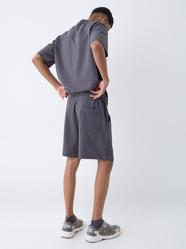 Studiofit Dark Grey Textured Relaxed-Fit Mid-Rise Cotton-Blend Shorts - Image 5