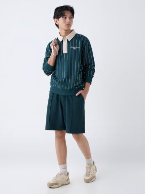 Studiofit Green Solid Relaxed-Fit Mid-Rise Cotton-Blend Shorts